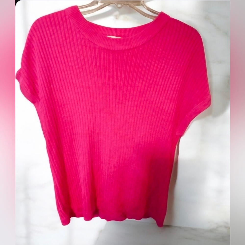 Vintage Leslie Fay fuchsia Cap sleeve ribbed knit sweater top L